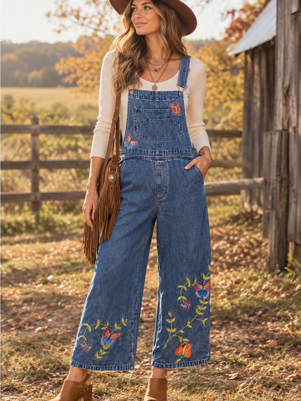Agapo Medium Denim Overalls Embroidered Butterfly Floral Cropped Boho